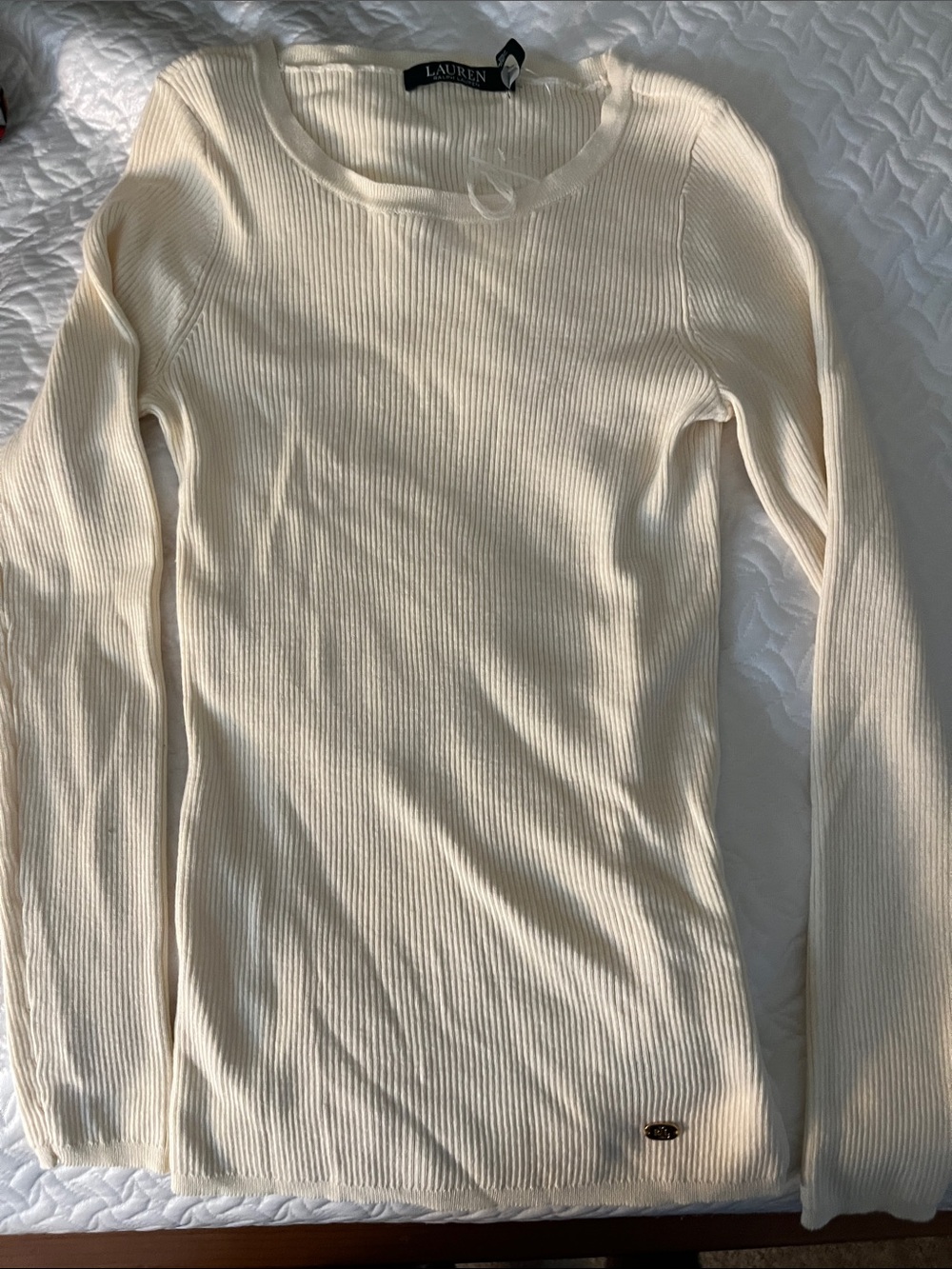 Lauren Ralph Lauren Ivory Ribbed Long-Sleeve Scoop Neck Top